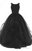 Black Ball Gown Scoop Neck Organza Sleeveless Beading Long Prom Dress