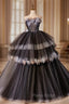 Black Ball Gown Strapless Flower Pleats Formal Prom Dresses