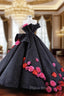 Black Ball Gown Strapless Flower Formal Prom Dresses