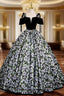 Black Ball Gown Velvet Print Quinceanera Dresses