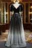 Black Gradient tulle and Velvet Short Sleeves V-neckline Tulle Party Dresses, Black Tulle Formal Prom Dresses