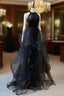 Black Halter Shiny Tulle Long Formal Prom Dresses, Black Tulle Evening Dresses with Sequins