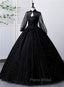 Black High Neckline Long Sleeves Tulle Sweet 16 Dresses, Black Ball Gown Formal Dresses