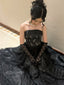 Black Lace A-Line Strapless Beaded Long Formal Dresses, Black Floor Length Formal Evening Dresses