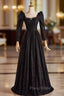 Black Lace Long Sleeve Square Formal Prom Dresses