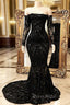 Black Long Mermaid Off the shoulder Formal Prom Dresses with Sleeves