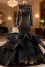 Black Mermaid Long Sleeve Pleats Formal Prom Dresses