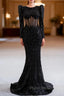 Black Mermaid Sequins Pearls Long Sleeve Formal Prom Dresses