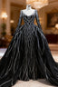 Black Mermaid Tulle Long Sleeve Sequins Formal Prom Dresses With Detachable Train