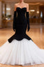 Black Mermaid White Tulle Long Sleeve Formal Prom Dresses