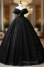 Black Off Shoulder Tulle Long Formal Prom Dresses, Black Formal Dresses