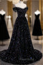 Black Off the Shoulder Beaded Long Formal Dresses, Black Shiny Sequins Evening Dresses
