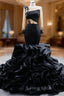 Black Organza Mermaid Long Sleeve Beading Formal Prom Dresses
