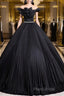Black Pleated Long A-Line Party Gown With Rhinestone Sash, Elegant Off The Shoulder Formal Dresses