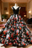 Black Print Satin Lace V-neck Backless Floor Length Wedding Dresses
