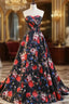 Black Print Satin Sweethearth Formal Prom Dresses With Split