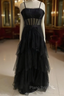 Black Formal Prom Dresses, Elegant A-line Layered Tulle Formal Prom Dresses,Sheer Corset Long Evening Dresses