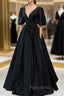 Black Satin Deep V-neckline Long Formal Dresses, Black Evening Dresses Formal Prom Dresses