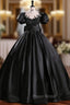 Black Satin Puff Sleeve Beading Quinceanera Dresses