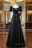 Black Satin Short Sleeve Bow Formal Prom Dresses