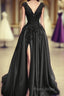 Black Satin Slit Dresses With Lace Embroidery Formal Prom Dresses