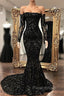 Black Sequin Long Sleeve Mermaid Formal Prom Dresses