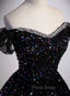 Black Sequins Off Shoulder Beaded Party Dresses, A-line Black Formal Dresses