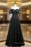 Black Sequins Tulle Puff Sleeve Formal Prom Dresses
