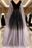Black Shiny Tulle Gradient Tulle V-Neckline Party Dresses, Black Tulle Formal Prom Dresses