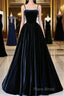 Black Spaghetti Strap Velvet Long Formal Prom Dresses With Pearls, A-Line Formal Dresses Party Dresses
