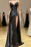 Black Spaghetti Straps Lace Appliques Formal Prom Dresses with Slit