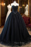 Black Strapless Tulle Long A-Line Formal Prom Dresses, Black Formal Evening Gown