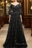 Black Straps Tulle Long Party Dresses With Sleeves Evening Dresses, Black A-Line Formal Prom Dresses Party Dresses