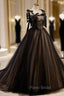Black Straps Tulle with Lace Long Formal Dresses, Black A-line Formal Prom Dresses