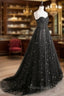 Black Sweetheart Tulle Straps Long Formal Dresses, Black Evening Party Dresses