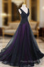 Black Tulle A-Line V-Neck Purple Satin Lace Applique Long Formal Prom Dresses With Beadings