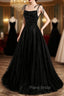 Black Tulle Beaded Long Formal Prom Dresses, A-Line Spaghetti Straps Evening Dresses