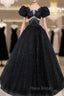 Black Tulle Beaded Short Sleeves Formal Prom Dresses, Black Tulle Formal Dresses