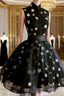 Black Tulle High Neckline Short Homecoming Dresses, Black Short Formal Prom Dresses