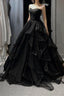 Black Tulle Layers Long A-Line Formal Prom Dresses, Black Strapless Formal Evening Dresses