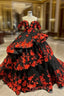 Black Tulle Off the Shoulder Red 3D Appliques Formal Prom Dresses