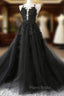 Black Tulle Party Dresses with Lace Long Formal Prom Dresses, Pretty Black Evening Dresses