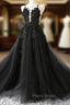 Black Tulle Party Dresses with Lace Long Formal Prom Dresses, Pretty Black Evening Dresses