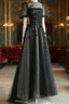Black Tulle Puffy Short Sleeves A-Line Formal Prom Dresses, Black Formal Dresses Party Dresses