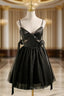 Black Tulle Satin Spaghetti Straps Pearls Homecoming Dresses