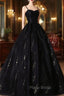 Black Tulle Sequins Long Formal Prom Dresses, Black Spaghetti Straps Evening Dresses
