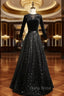 Black Tulle Sequins Velvet Short Sleeve Formal Prom Dresses
