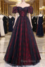 Black Tulle Short Sleeve Formal Evening Dresses, Off the Shoulder Formal Prom Dresses