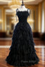 Black Tulle Spagehtti Straps Pleats Tiers Formal Prom Dresses