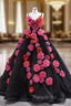 Black Tulle Spaghetti Straps 3D Appliques Formal Prom Dresses